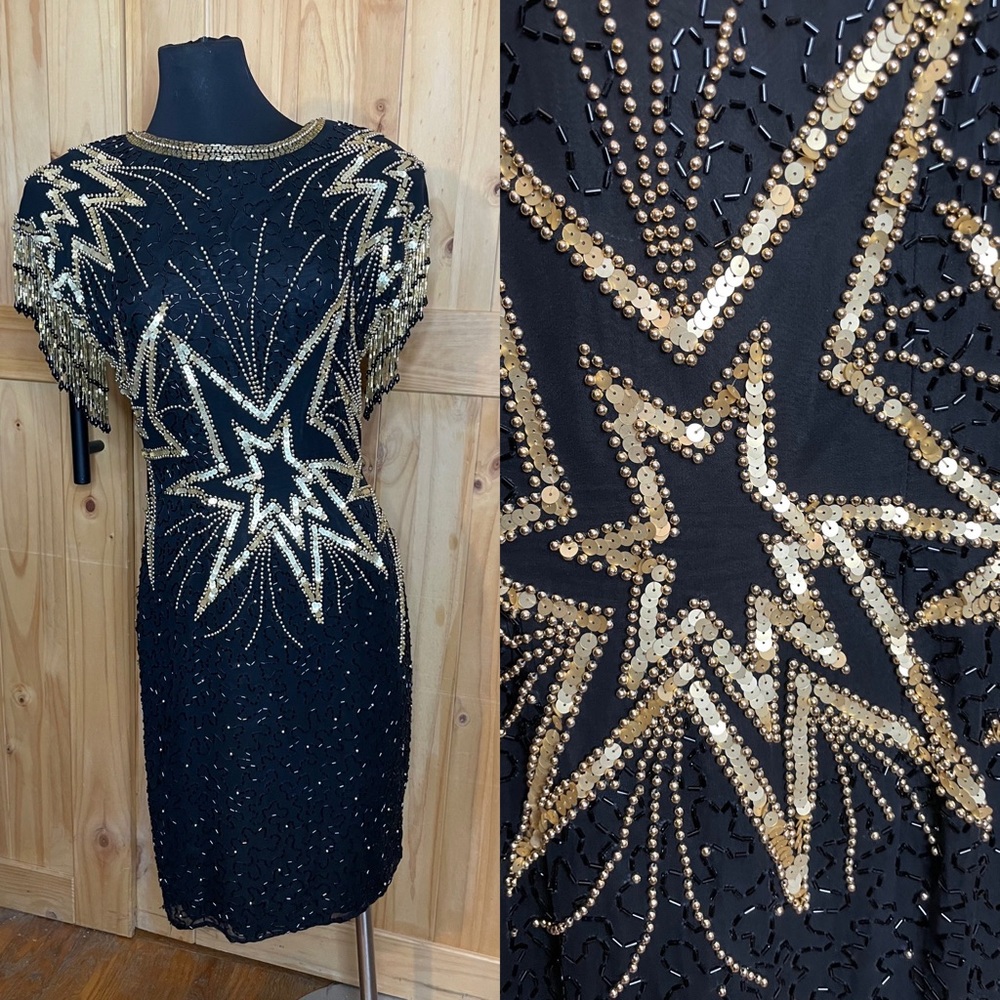 Vintage 80’s black gold  beaded sequin star  dress - hand beaded